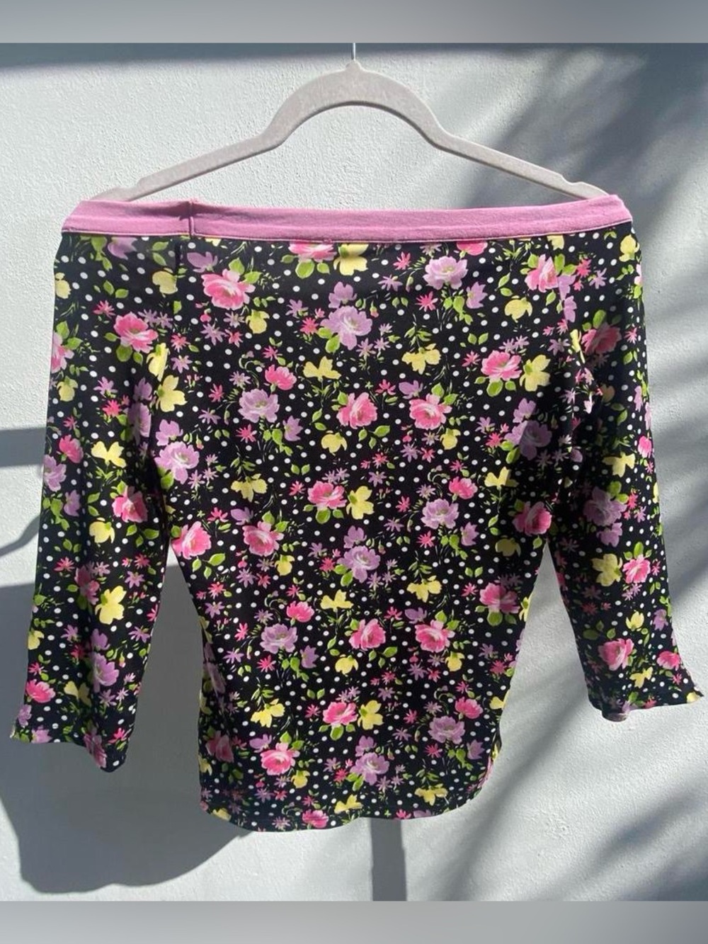 Y2K Morgan De Toi Black & Pink Multicolor Floral Polkadot Off Shoulder Top T2